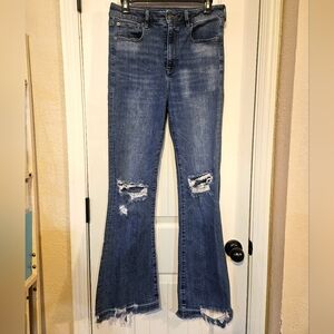 American Eagle Highest Rise Flare Distressed Blue Jeans Size 10